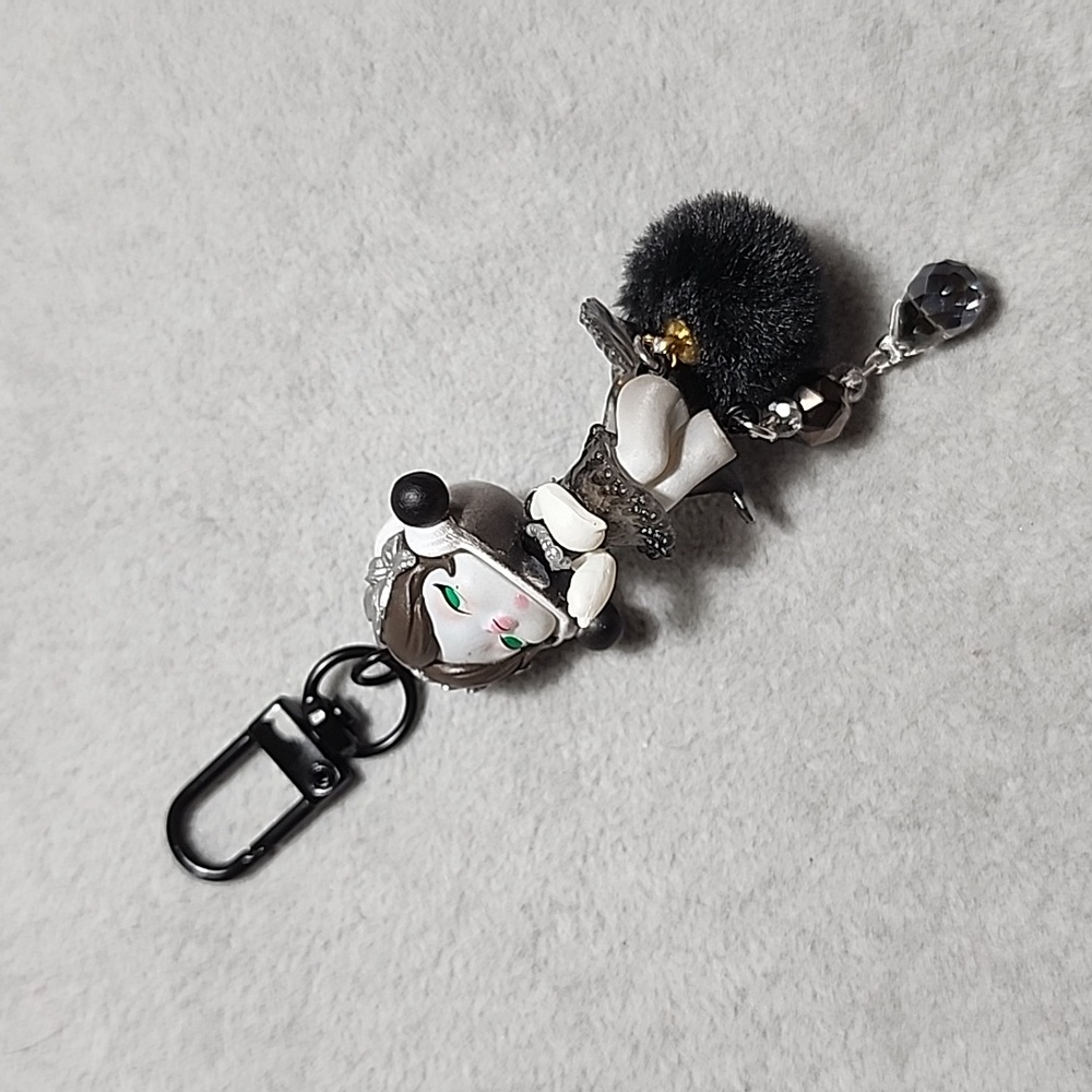 Cute Skullpanda Keychain with Pom Pom and Glass Beads
